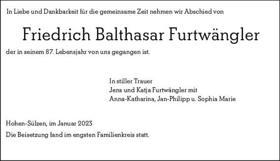 Traueranzeige von Friedrich Balthasar Furtwängler von Wormser Zeitung