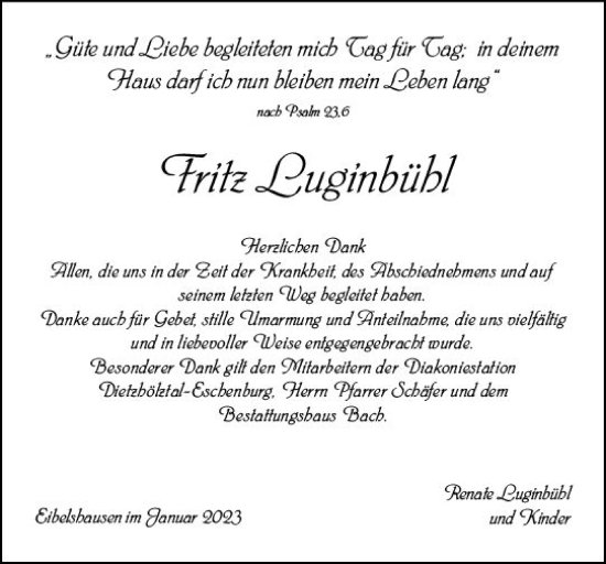 Traueranzeige von Fritz Luginsbühl von Dill Block