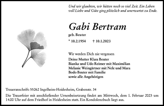 Traueranzeige von Gabi Bertram von Allgemeine Zeitung Ingelheim-Bingen