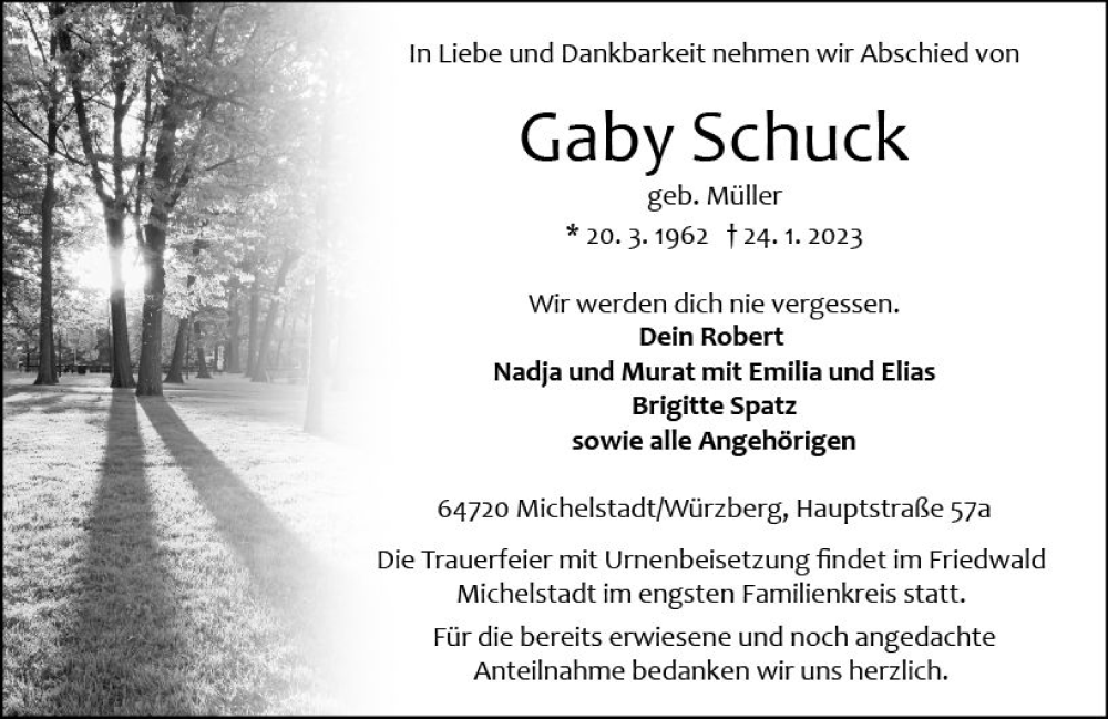 Traueranzeige für Gaby Schuck vom 28.01.2023 aus Odenwälder Echo