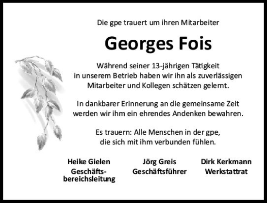 Traueranzeige von Georges Fois von Allgemeine Zeitung Mainz