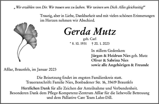 Traueranzeige von Gerda Mutz von Wetzlarer Neue Zeitung