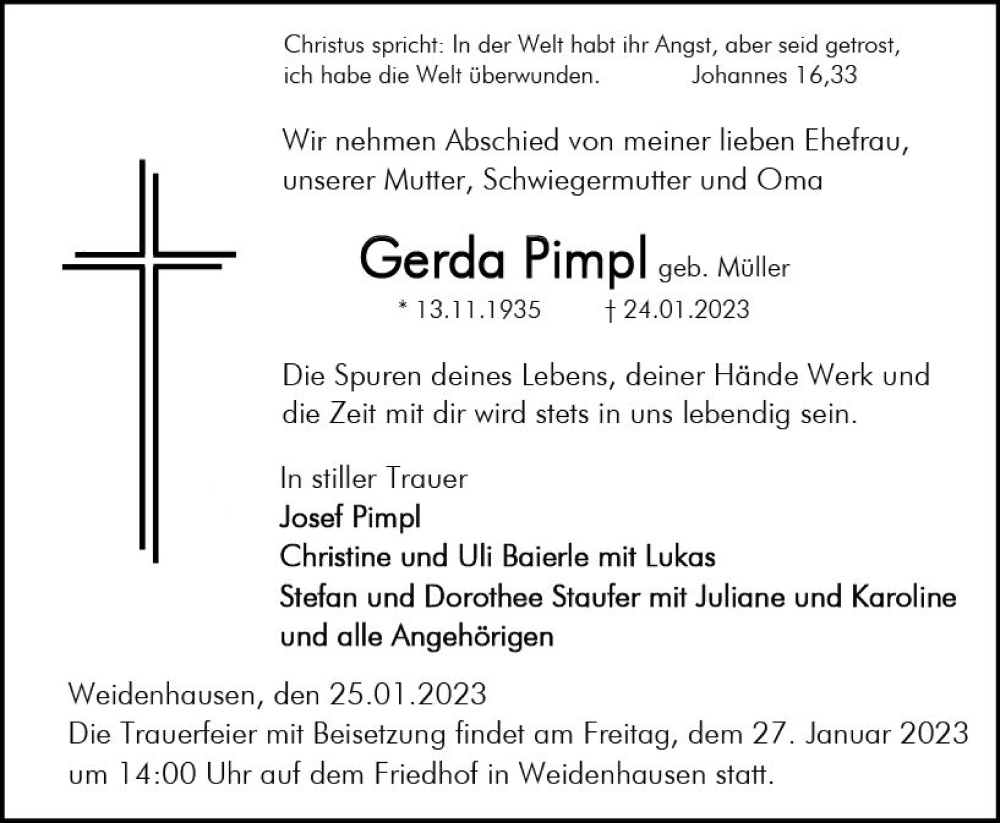 Traueranzeige für Gerda Pimpl vom 25.01.2023 aus Hinterländer Anzeiger