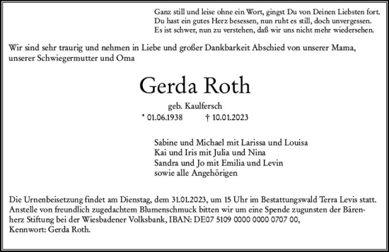 Traueranzeige von Gerda Roth von Wiesbadener Kurier gesamt