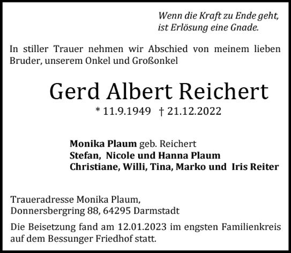  Traueranzeige für Gerd Albert Reichert vom 21.01.2023 aus Darmstädter Echo