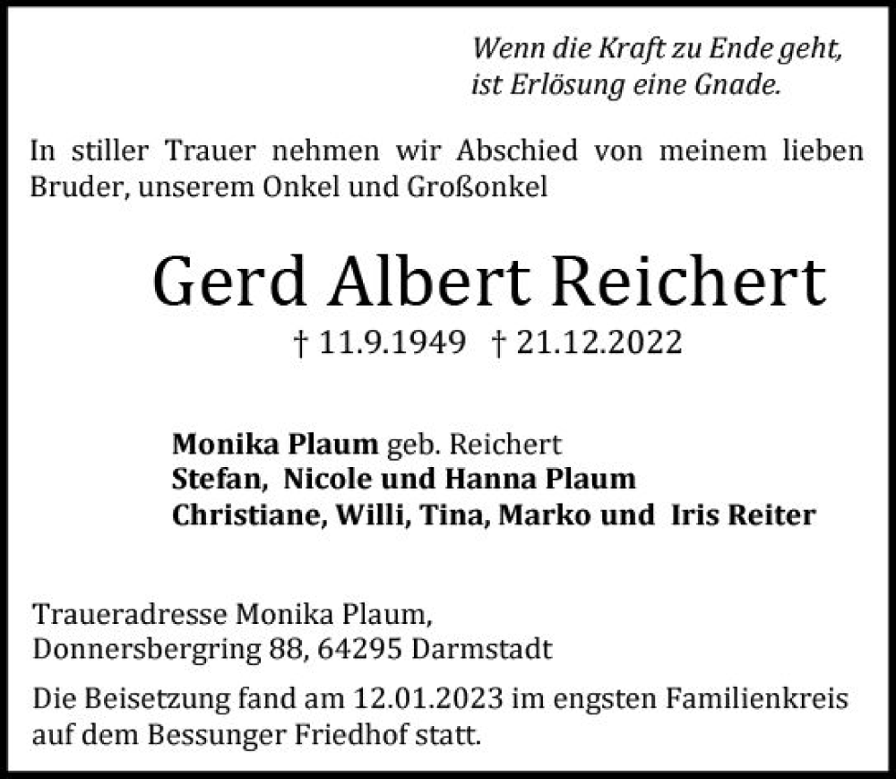  Traueranzeige für Gerd Albert Reichert vom 14.01.2023 aus Darmstädter Echo