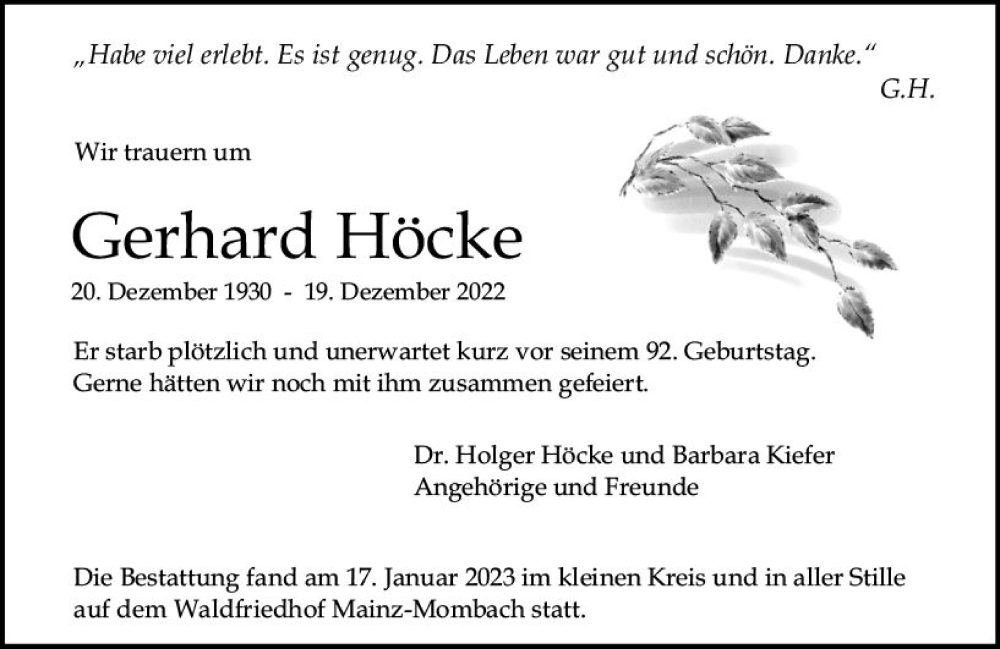  Traueranzeige für Gerhard Höcke vom 21.01.2023 aus Allgemeine Zeitung Mainz