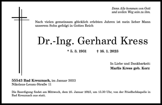 Traueranzeige von Gerhard Kress von Allgemeine Zeitung Bad Kreuznach