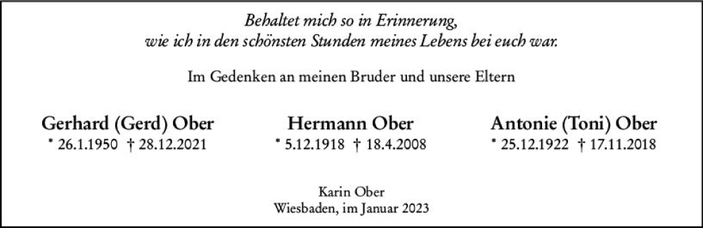  Traueranzeige für Gerhard Ober vom 28.01.2023 aus Wiesbadener Kurier gesamt