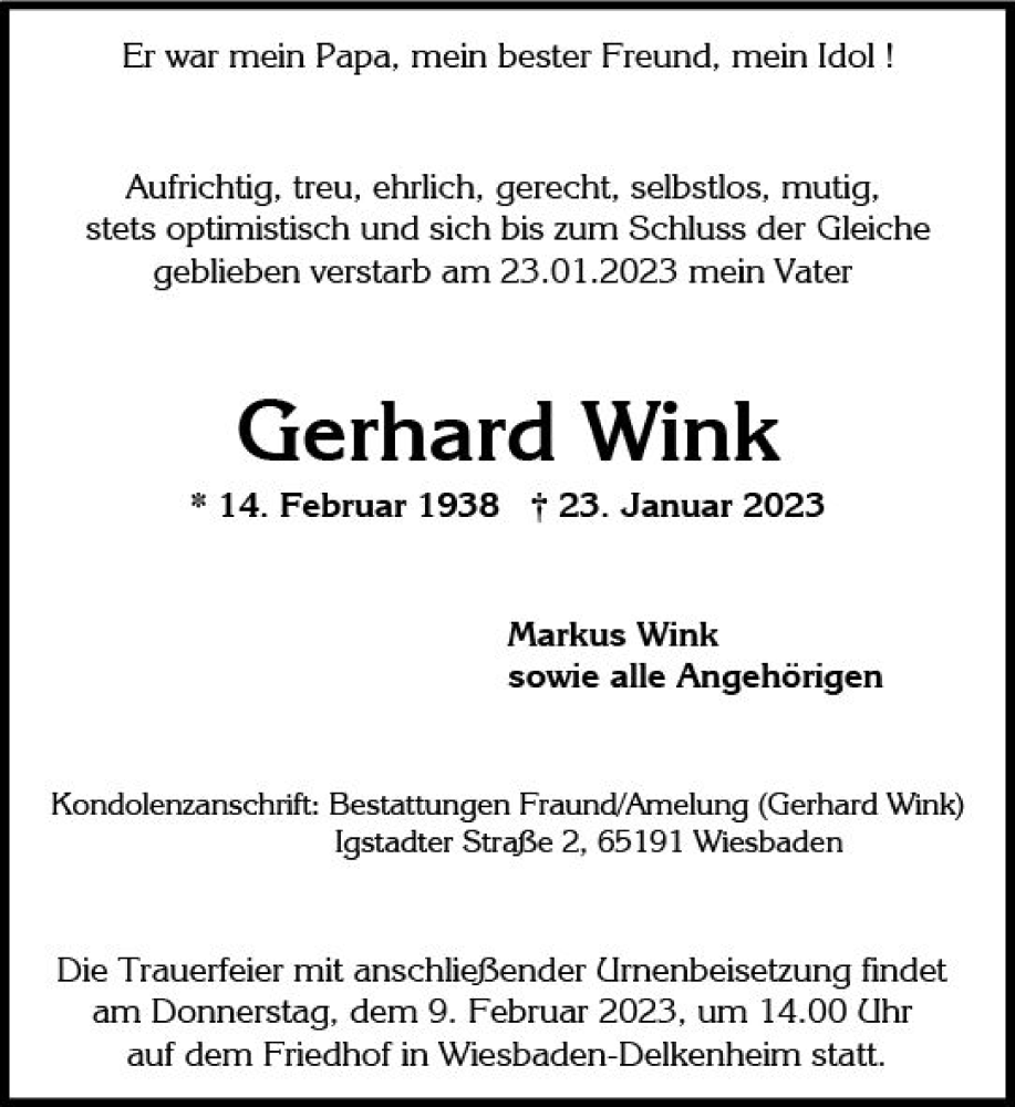  Traueranzeige für Gerhard Wink vom 28.01.2023 aus Wiesbadener Kurier gesamt