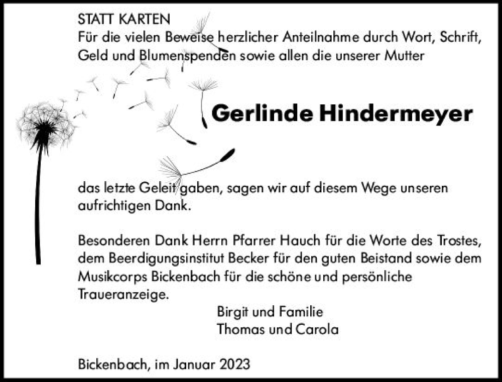  Traueranzeige für Gerlinde Hindermeyer vom 21.01.2023 aus Darmstädter Echo