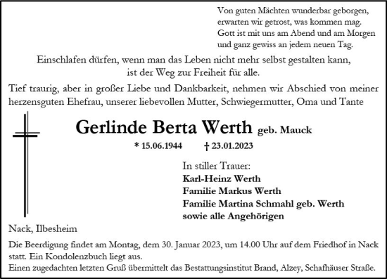 Traueranzeige von Gerlinde Berta Werth von Allgemeine Zeitung Alzey