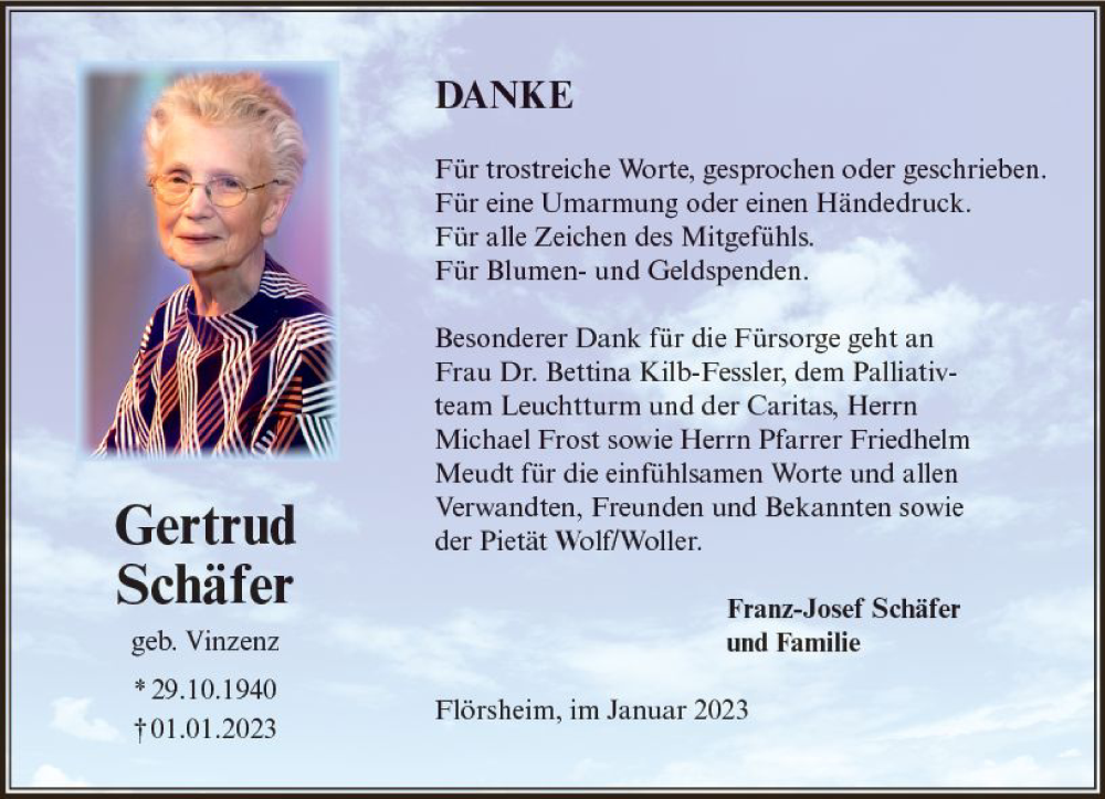  Traueranzeige für Gertrud Schäfer vom 28.01.2023 aus Rüsselsheimer Echo