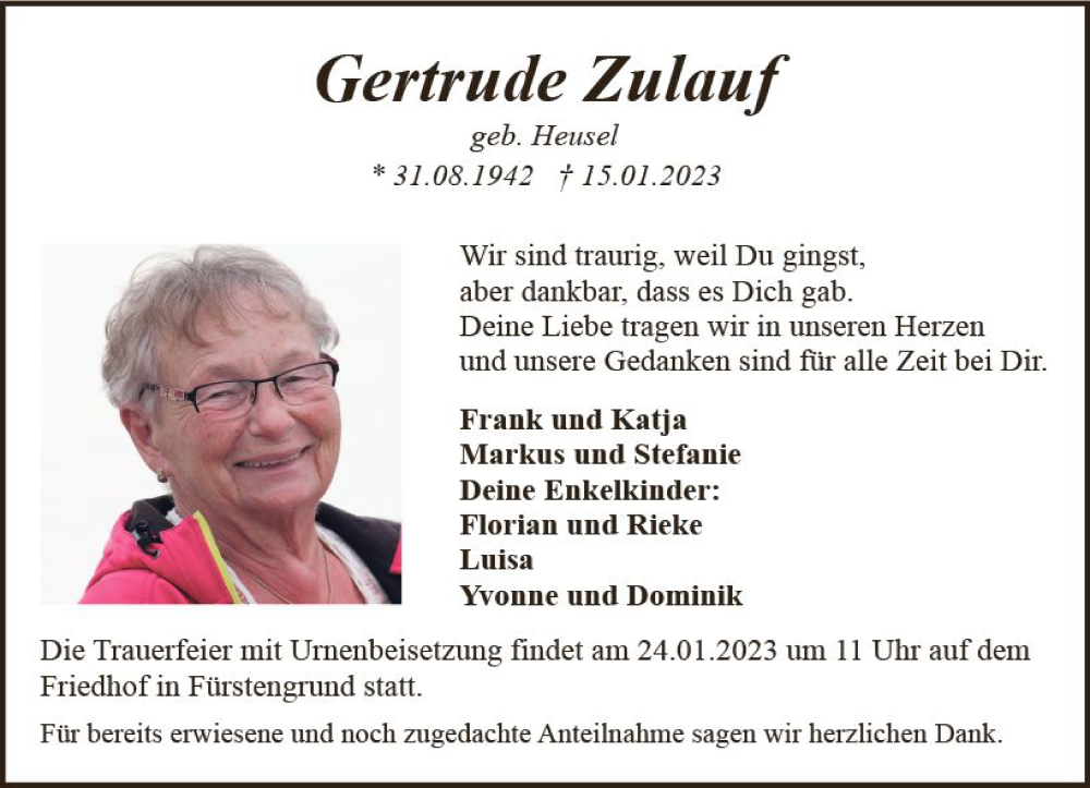  Traueranzeige für Gertrude Zulauf vom 21.01.2023 aus Odenwälder Echo