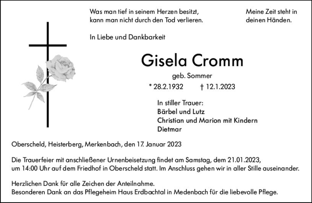  Traueranzeige für Gisela Cromm vom 17.01.2023 aus Dill Block