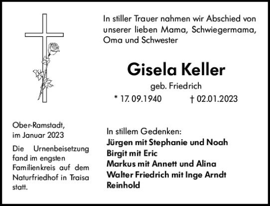 Traueranzeige von Gisela Keller von Darmstädter Echo