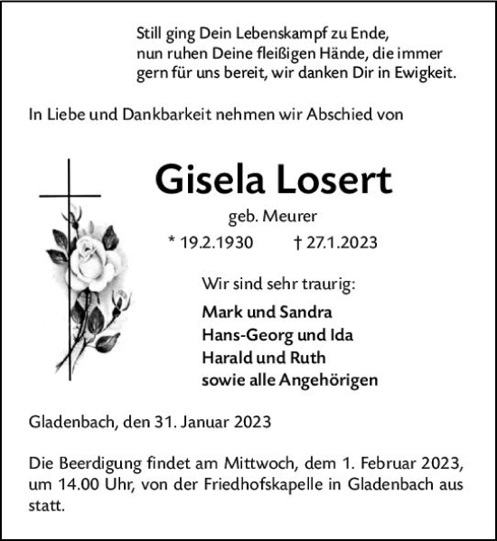 Traueranzeige von Gisela Losert von Hinterländer Anzeiger