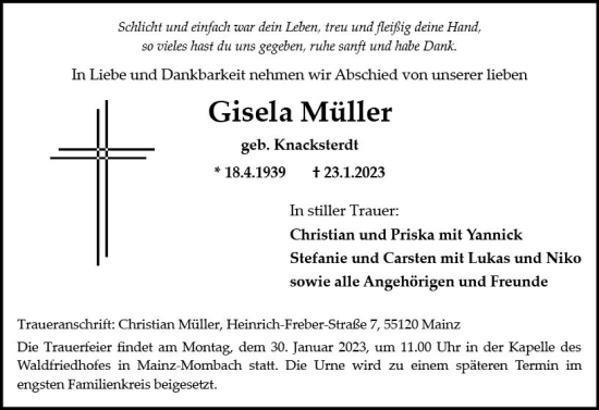 Traueranzeige von Gisela Müller von Allgemeine Zeitung Mainz