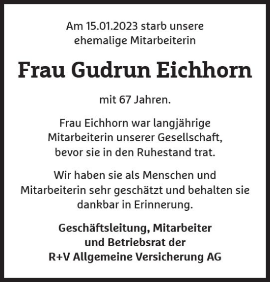 Traueranzeige von Gudrun Eichhorn von Wiesbadener Kurier gesamt