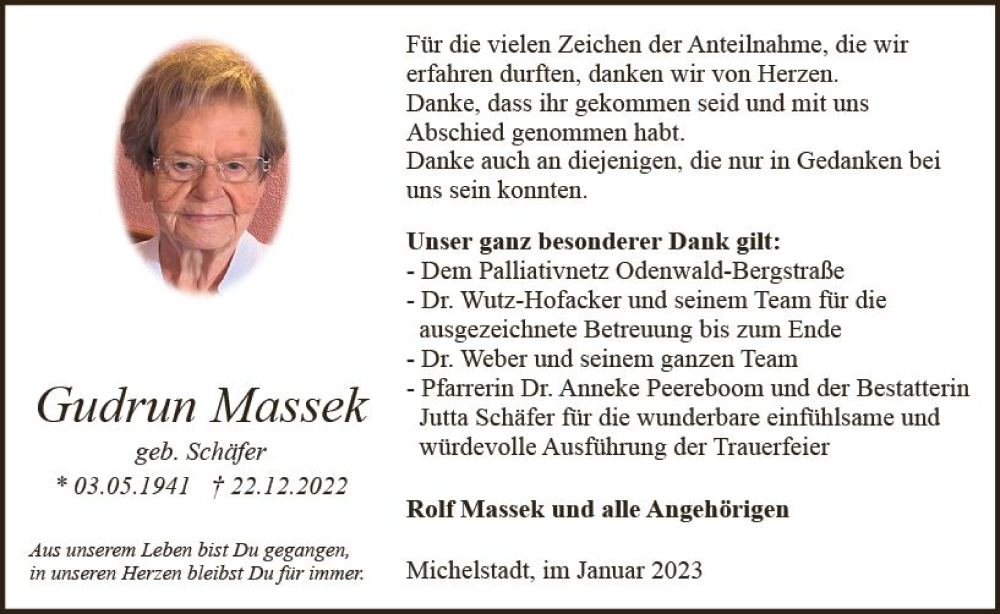  Traueranzeige für Gudrun Massek vom 21.01.2023 aus Odenwälder Echo
