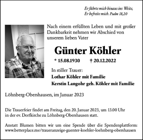 Traueranzeige von Günter Köhler von Weilburger Tageblatt
