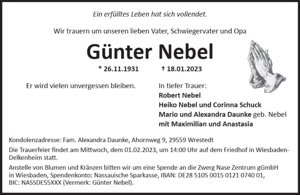  Traueranzeige für Günter Nebel vom 28.01.2023 aus Wiesbadener Kurier gesamt