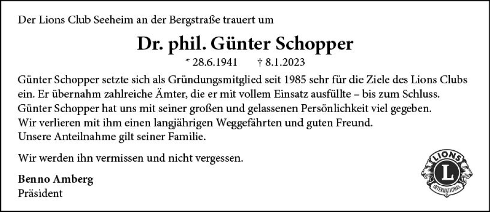  Traueranzeige für Günter Schopper vom 21.01.2023 aus Darmstädter Echo
