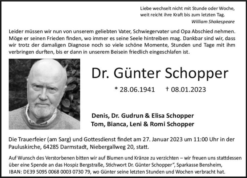  Traueranzeige für Günter Schopper vom 21.01.2023 aus Darmstädter Echo
