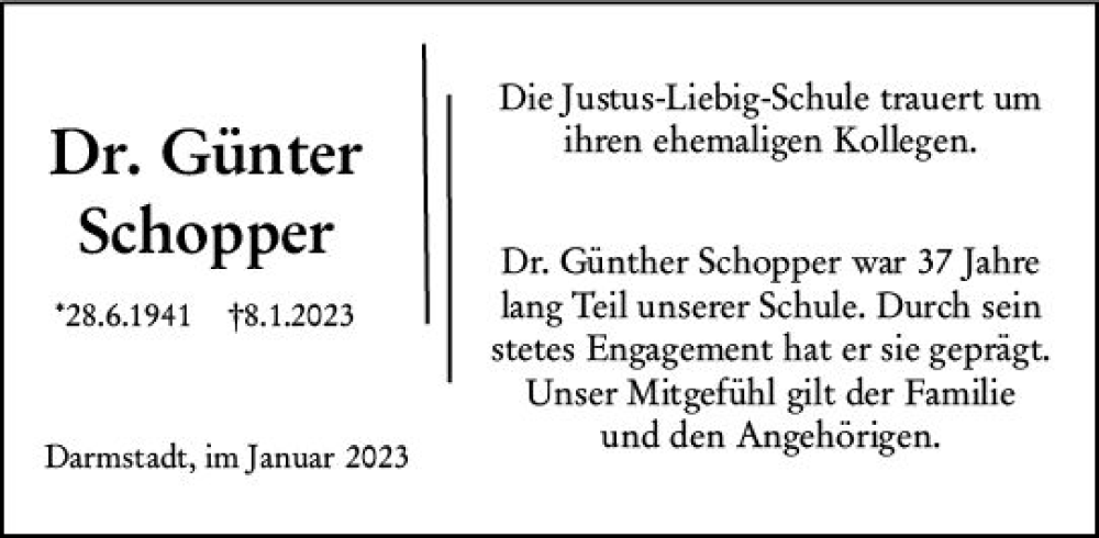  Traueranzeige für Günter Schopper vom 25.01.2023 aus Darmstädter Echo