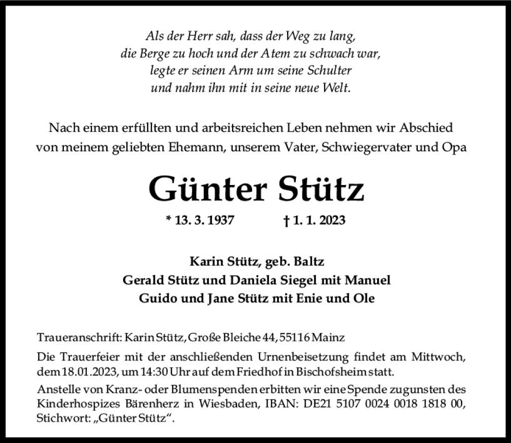  Traueranzeige für Günter Stütz vom 14.01.2023 aus Rüsselsheimer Echo