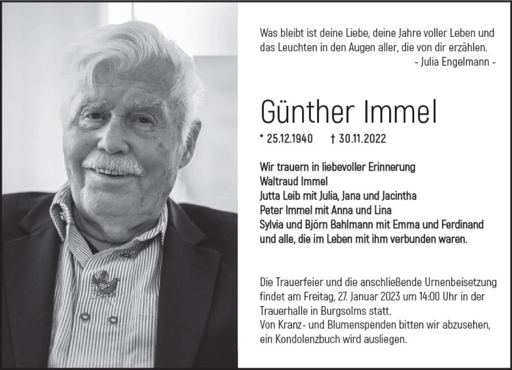  Traueranzeige für Günther Immel vom 21.01.2023 aus Wetzlarer Neue Zeitung