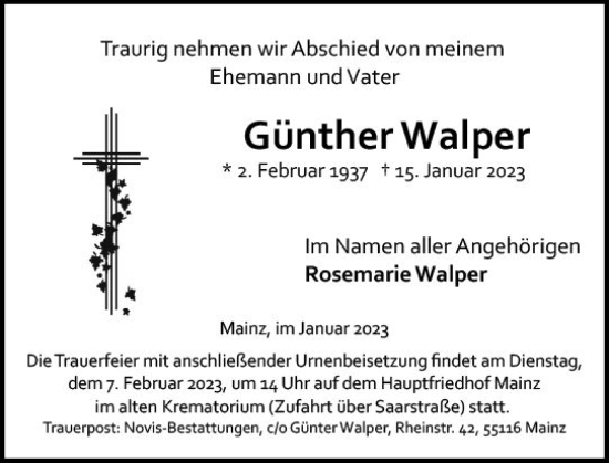 Traueranzeige von Günther Walper von Allgemeine Zeitung Mainz