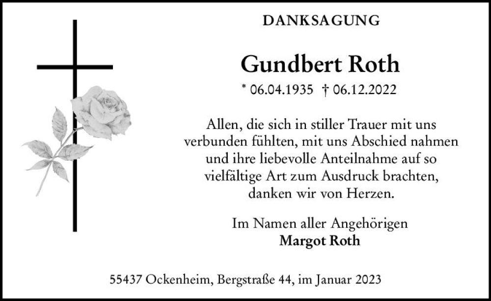  Traueranzeige für Gundbert Roth vom 14.01.2023 aus Bingen/Ingelheim Wochenblatt inkl. NBZ