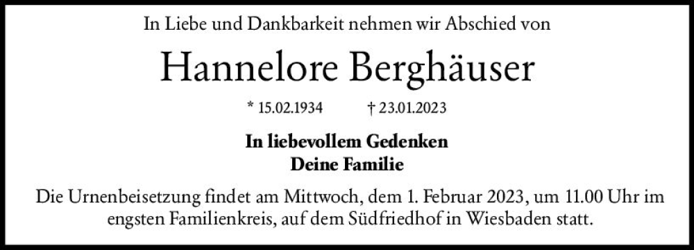  Traueranzeige für Hannelore Berghäuser vom 28.01.2023 aus Wiesbadener Kurier gesamt