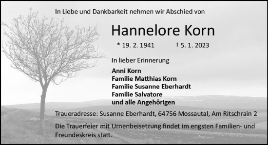 Traueranzeige von Hannelore Korn von Odenwälder Echo