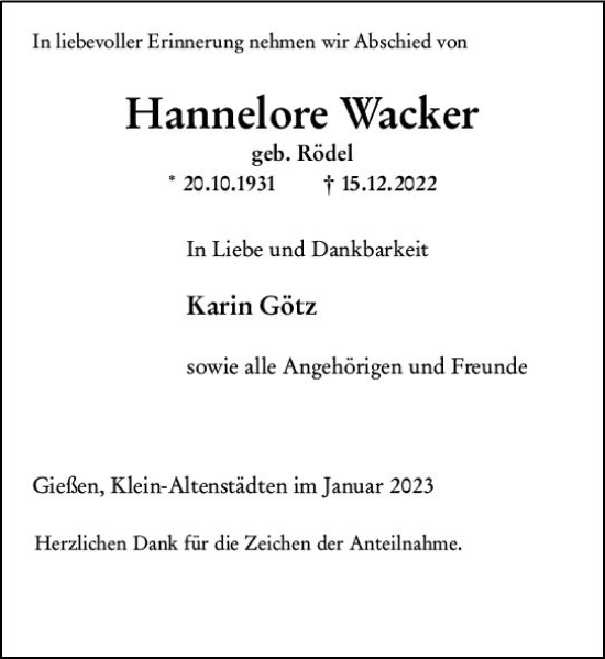 Traueranzeige von Hannelore Wacker von Wetzlarer Neue Zeitung