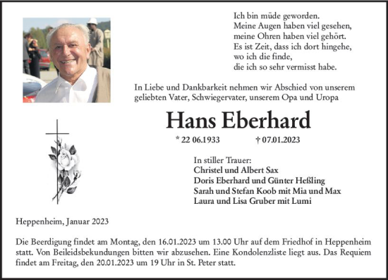 Traueranzeige von Hans Eberhard von Starkenburger Echo