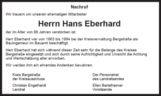 Traueranzeige von Hans Eberhard von Starkenburger Echo