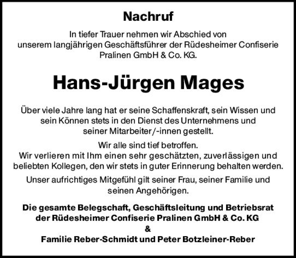  Traueranzeige für Hans-Jürgen Mages vom 14.01.2023 aus Wiesbadener Kurier gesamt