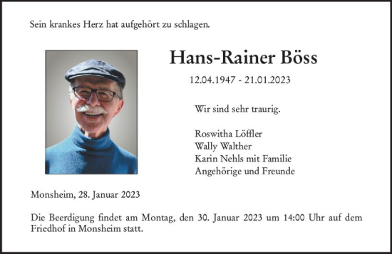 Traueranzeige von Hans-Rainer Böss von Wormser Zeitung