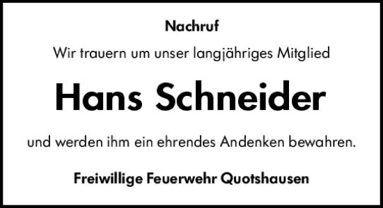 Traueranzeige von Hans Schneider von Hinterländer Anzeiger
