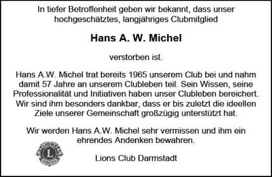 Traueranzeige von Hans A. W. Michel von Darmstädter Echo