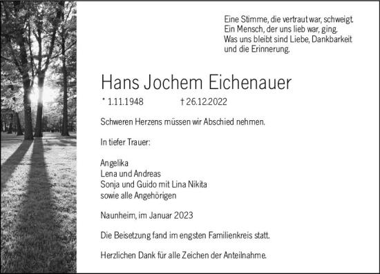 Traueranzeige von Hans Jochem Eichenauer von Wetzlarer Neue Zeitung