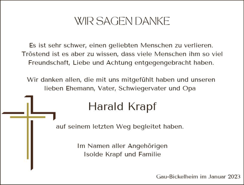  Traueranzeige für Harald Krapf vom 21.01.2023 aus Allgemeine Zeitung Bad Kreuznach