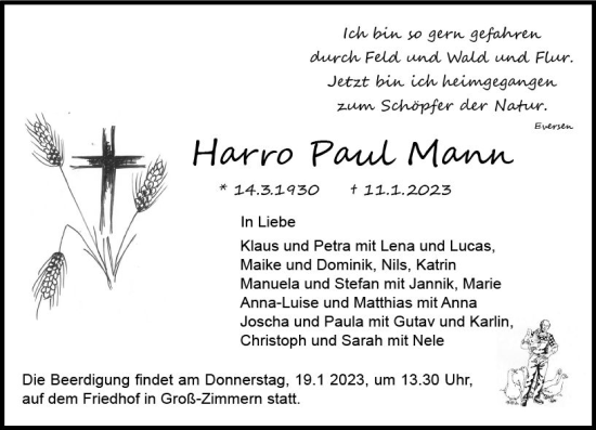 Traueranzeige von Harro Paul Mann von DieburgerAnzeiger/Groß-Zimmerner Lokalanzeiger