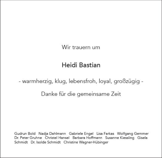 Traueranzeige von Heidi Bastian von Wiesbadener Kurier gesamt