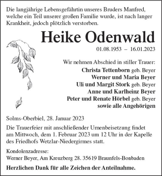 Traueranzeige von Heike Odenwald von Wetzlarer Neue Zeitung