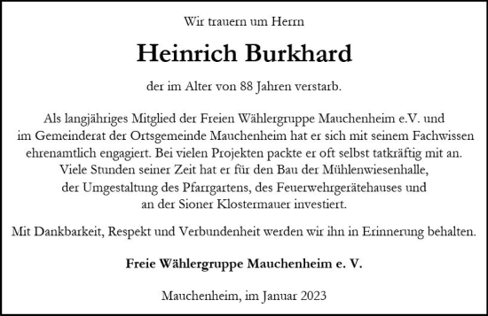 Traueranzeige von Heinrich Burkhard von Allgemeine Zeitung Alzey
