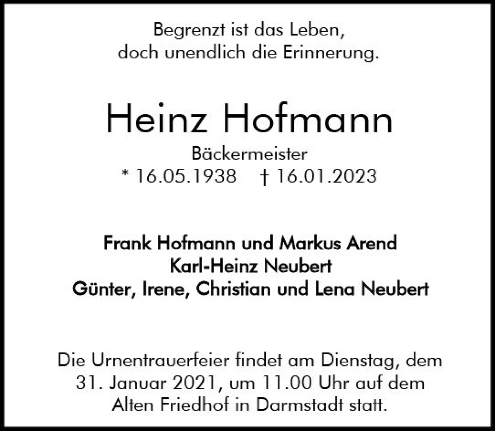  Traueranzeige für Heinz Hofmann vom 21.01.2023 aus Darmstädter Echo