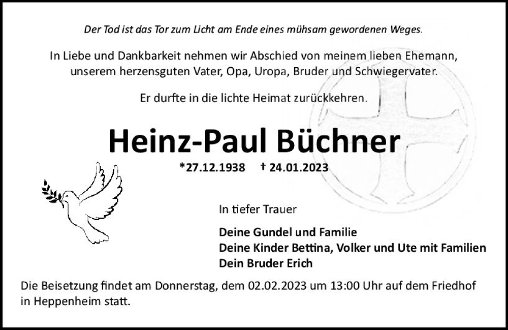  Traueranzeige für Heinz-Paul Büchner vom 28.01.2023 aus Starkenburger Echo